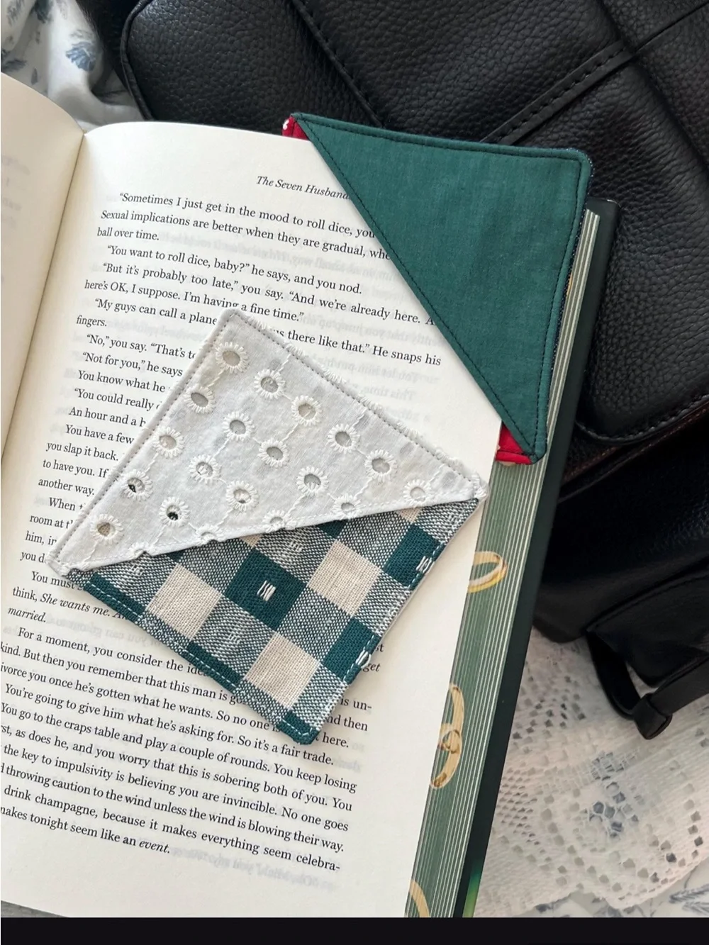 Handmade Green Gingham Eyelet Red Heart Corner Bookmark Set
